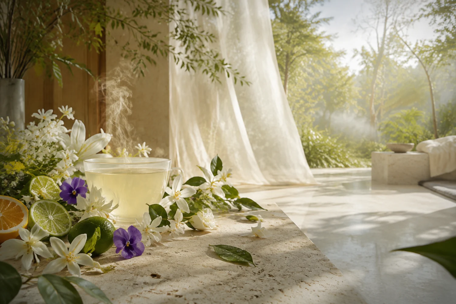 Chá branco, cítricos e flores em um ambiente luminoso